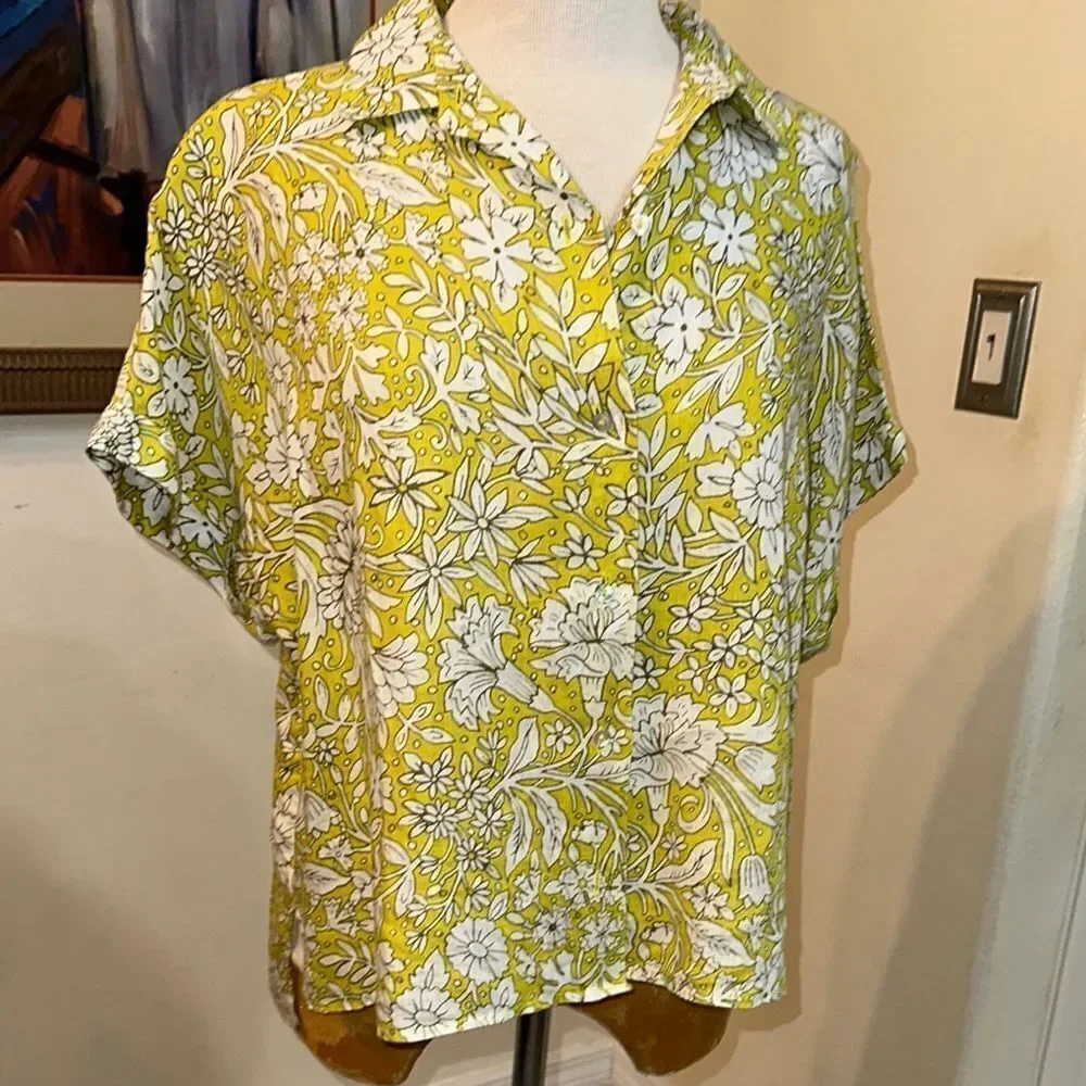 Rachel Ashwell Lime/ Yellow Floral 100% LINEN Boxy Button Down Shirt MEDIUM